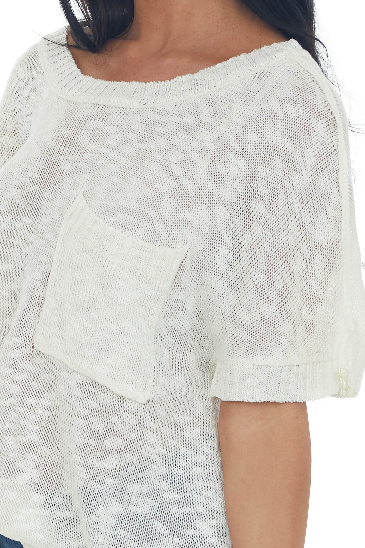 Ivory Short Sleeve Sweater Knit Chest Pocket Top