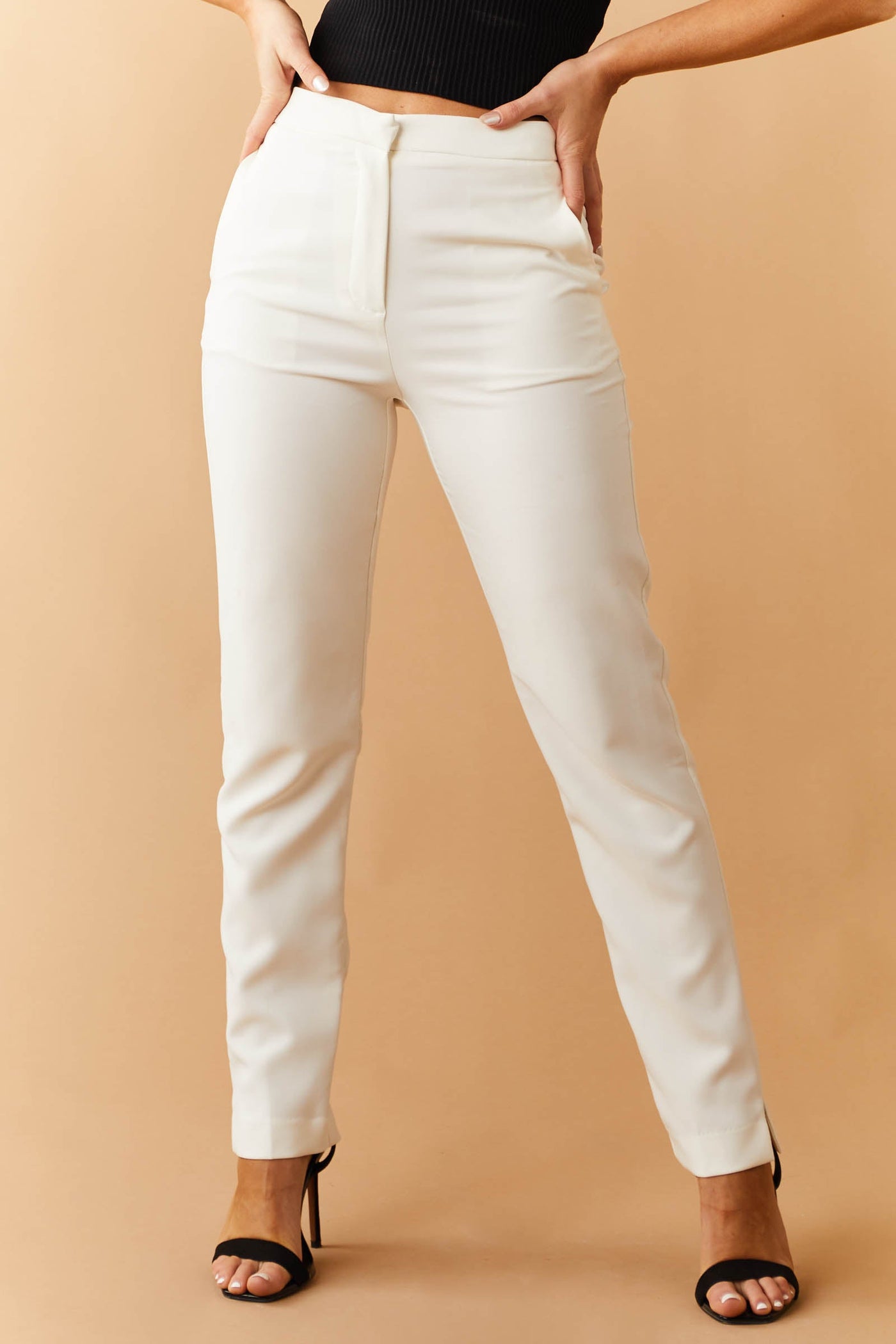 Ivory Slit Straight Leg Woven Pants