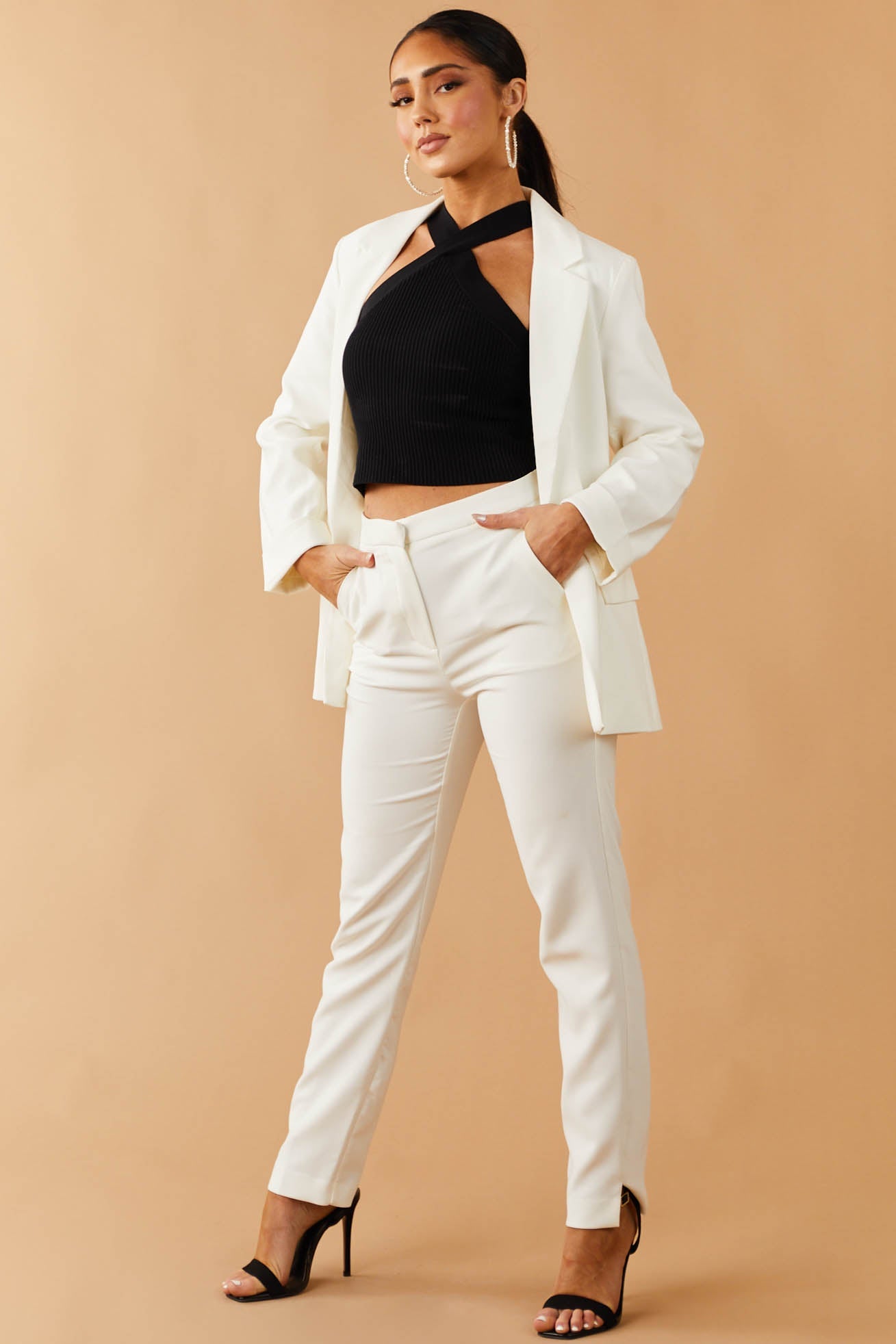 Ivory Slit Straight Leg Woven Pants