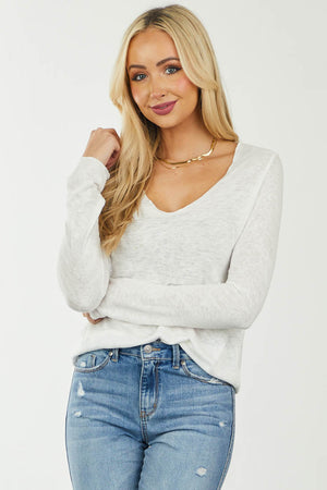 Ivory Slub Knit Long Sleeve V Neck Top