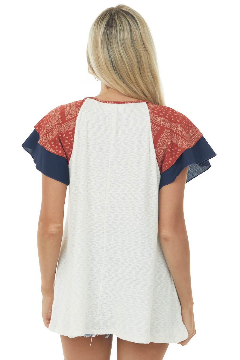 Ivory Slub Knit Top with Paisley Print Sleeves