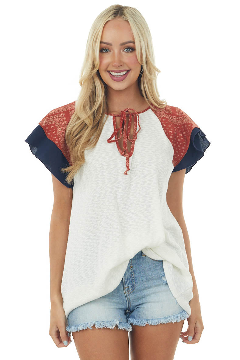 Ivory Slub Knit Top with Paisley Print Sleeves