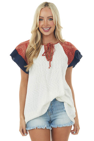 Ivory Slub Knit Top with Paisley Print Sleeves