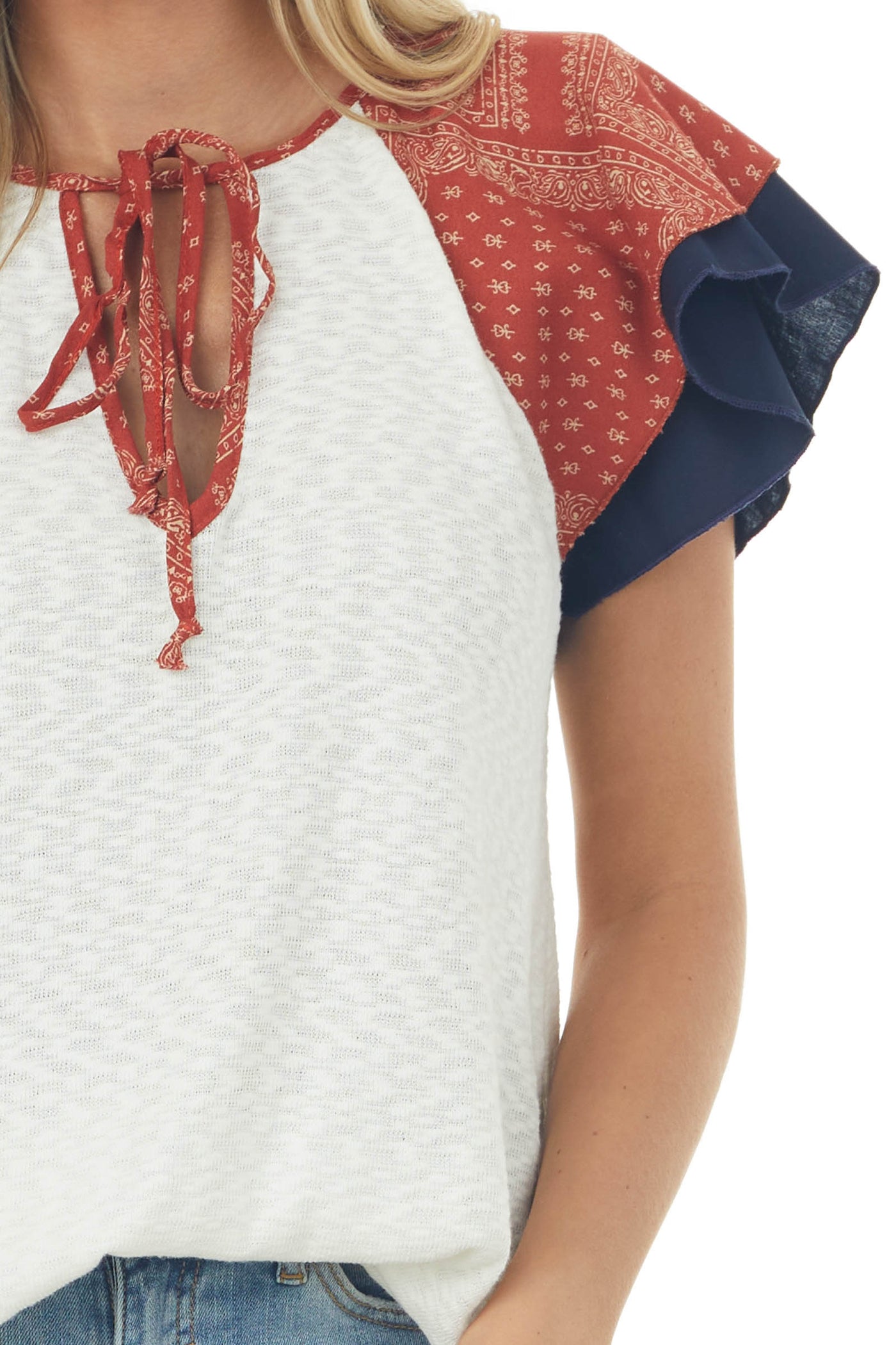 Ivory Slub Knit Top with Paisley Print Sleeves