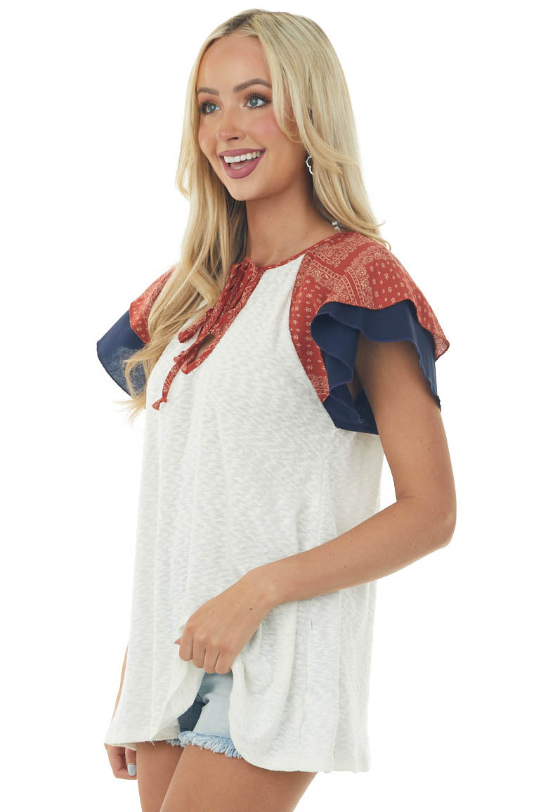 Ivory Slub Knit Top with Paisley Print Sleeves