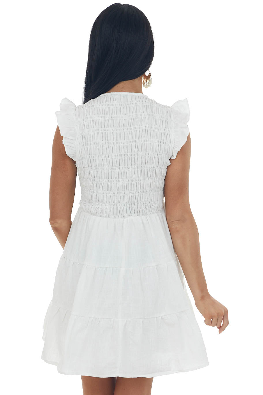 Ivory Smocked V Neck Babydoll Tiered Mini Dress