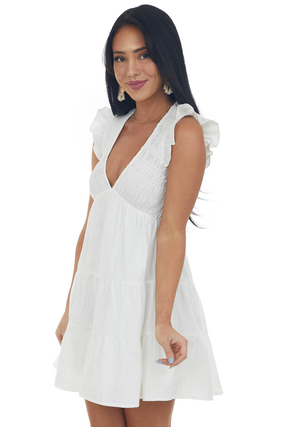 Ivory Smocked V Neck Babydoll Tiered Mini Dress