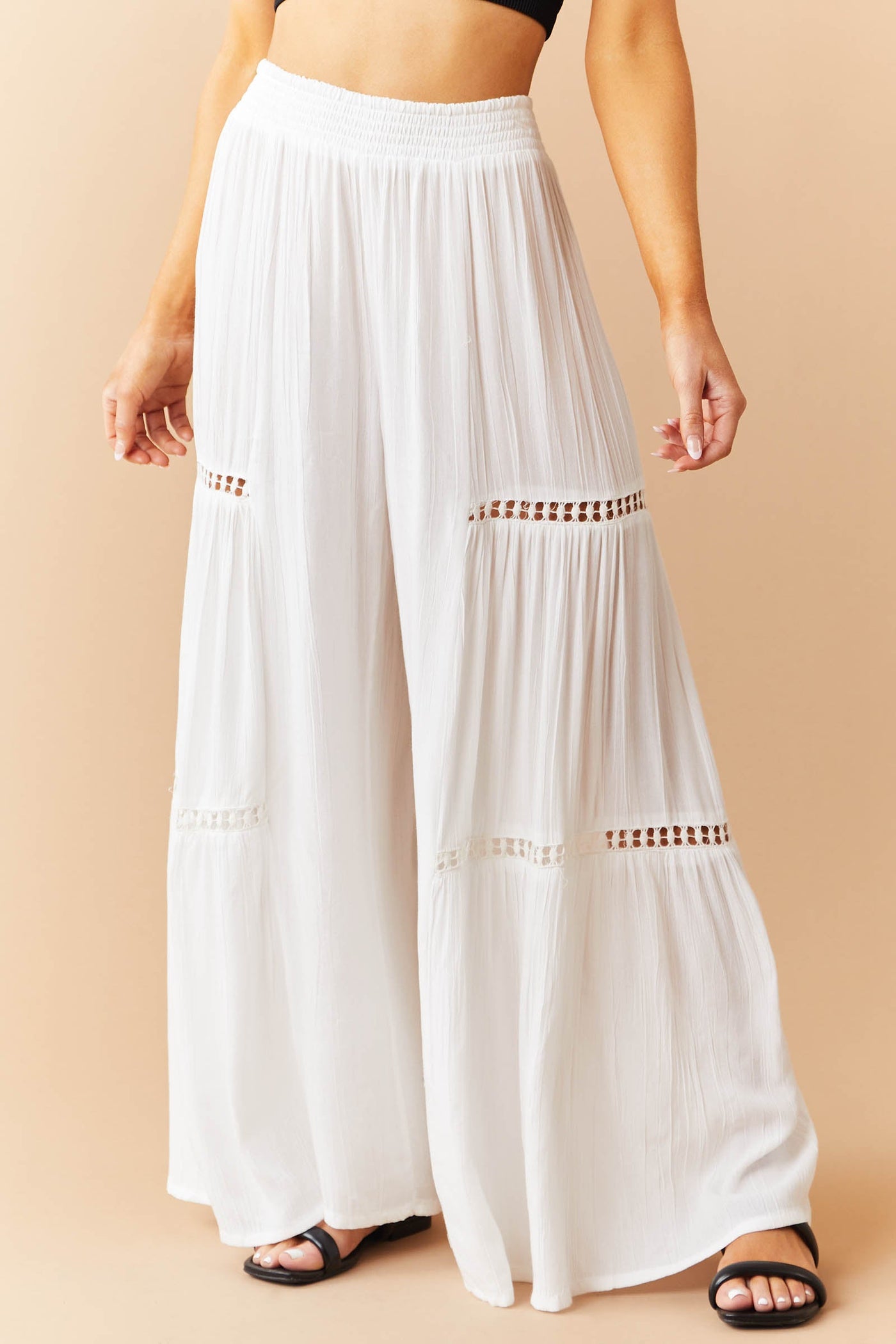 Ivory Smocked Waist Wide Leg Flowy Pants