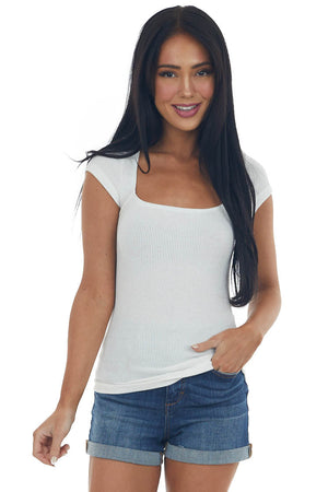 Ivory Square Neck Cap Sleeve Ribbed Top