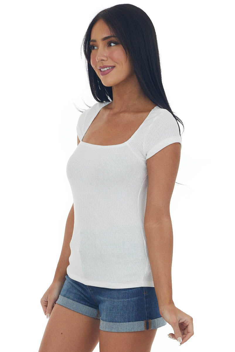 Ivory Square Neck Cap Sleeve Ribbed Top