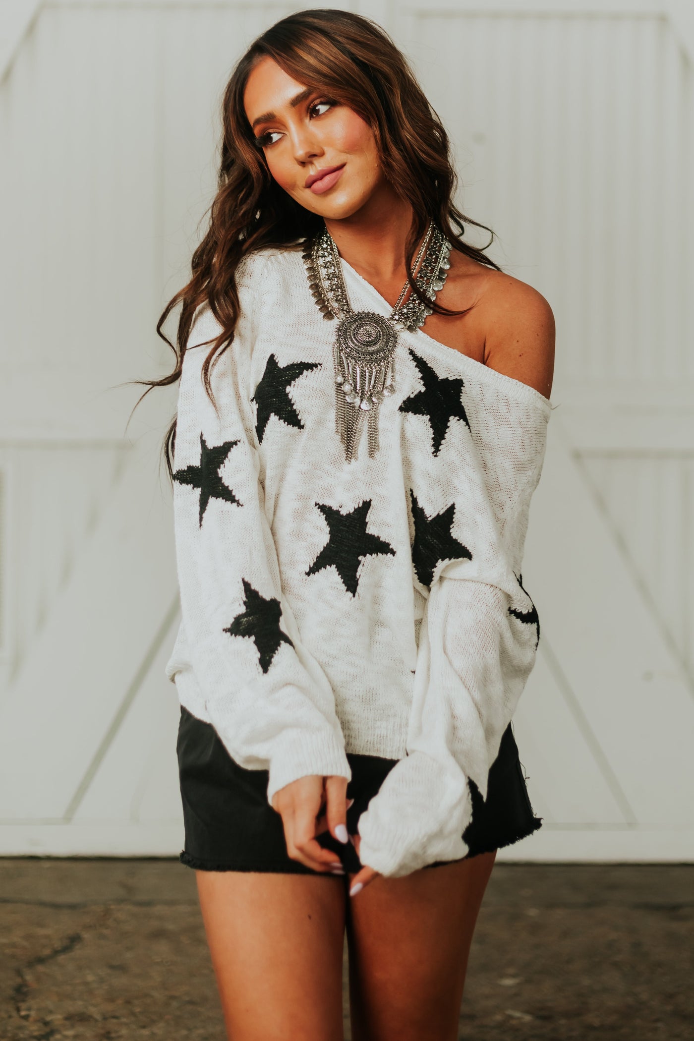 Ivory Star Print Lightweight Loose Knit Sweater