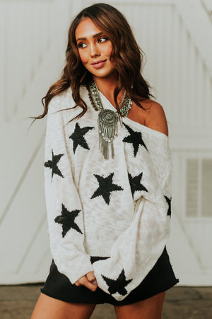 Ivory Star Print Lightweight Loose Knit Sweater
