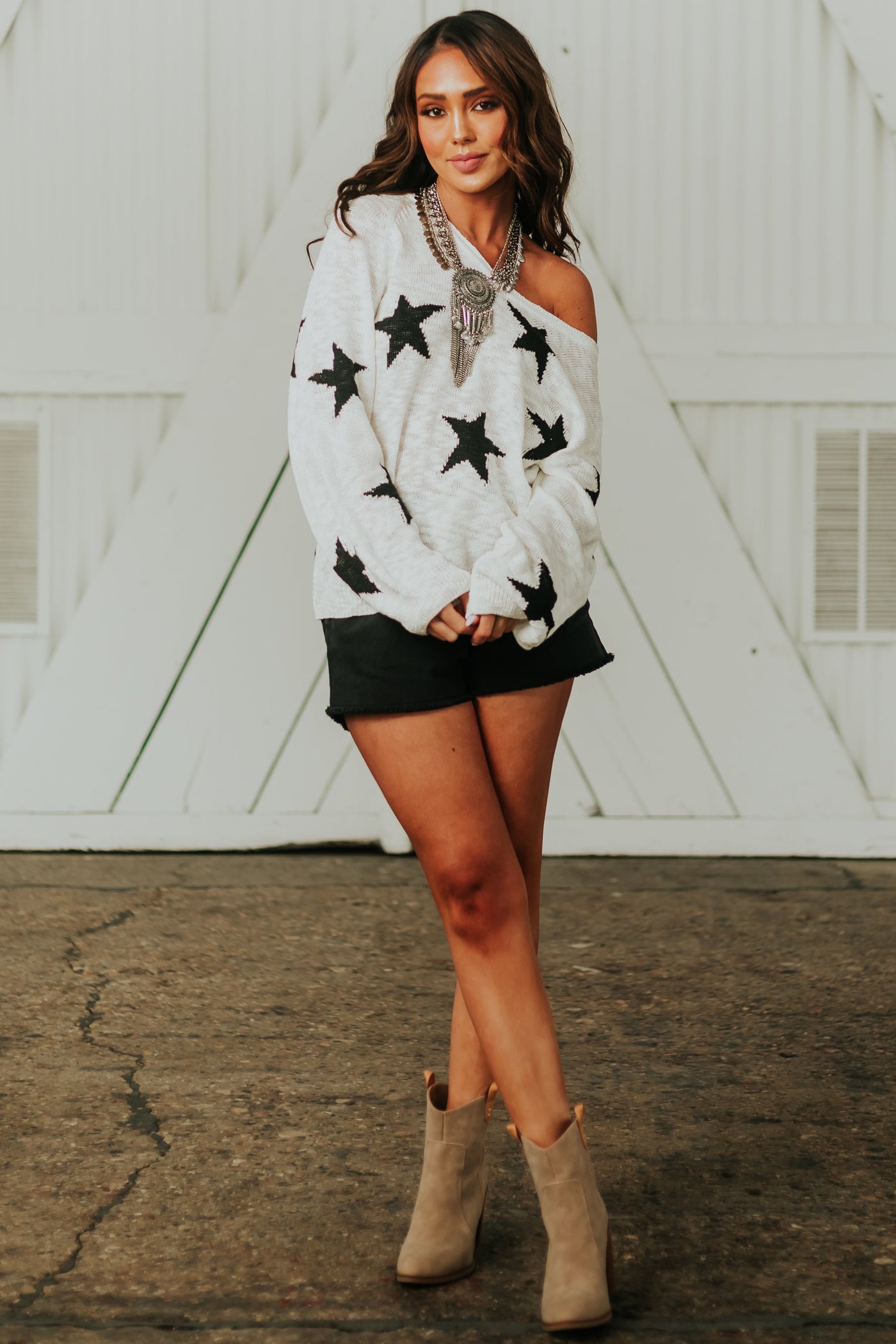 Ivory Star Print Lightweight Loose Knit Sweater