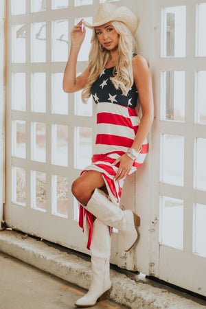 Ivory Stars and Stripes Print Sleeveless Maxi Dress