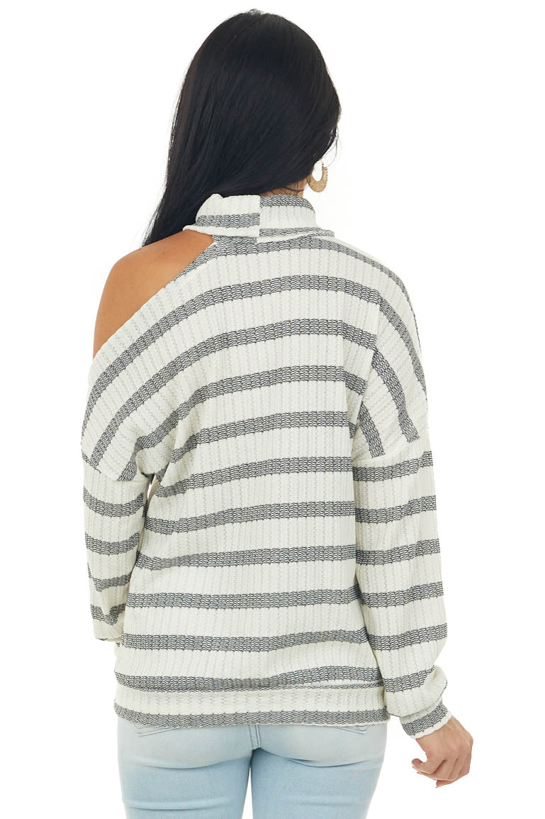 Ivory Striped Cold Shoulder Cowl Neck Knit Top