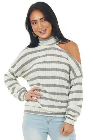 Ivory Striped Cold Shoulder Cowl Neck Knit Top