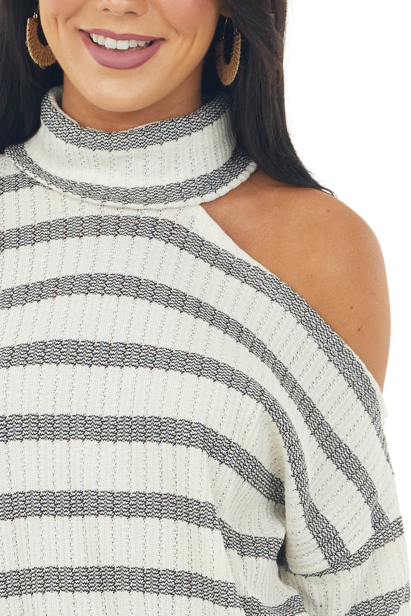 Ivory Striped Cold Shoulder Cowl Neck Knit Top
