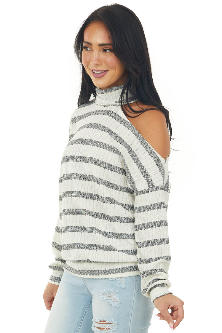 Ivory Striped Cold Shoulder Cowl Neck Knit Top