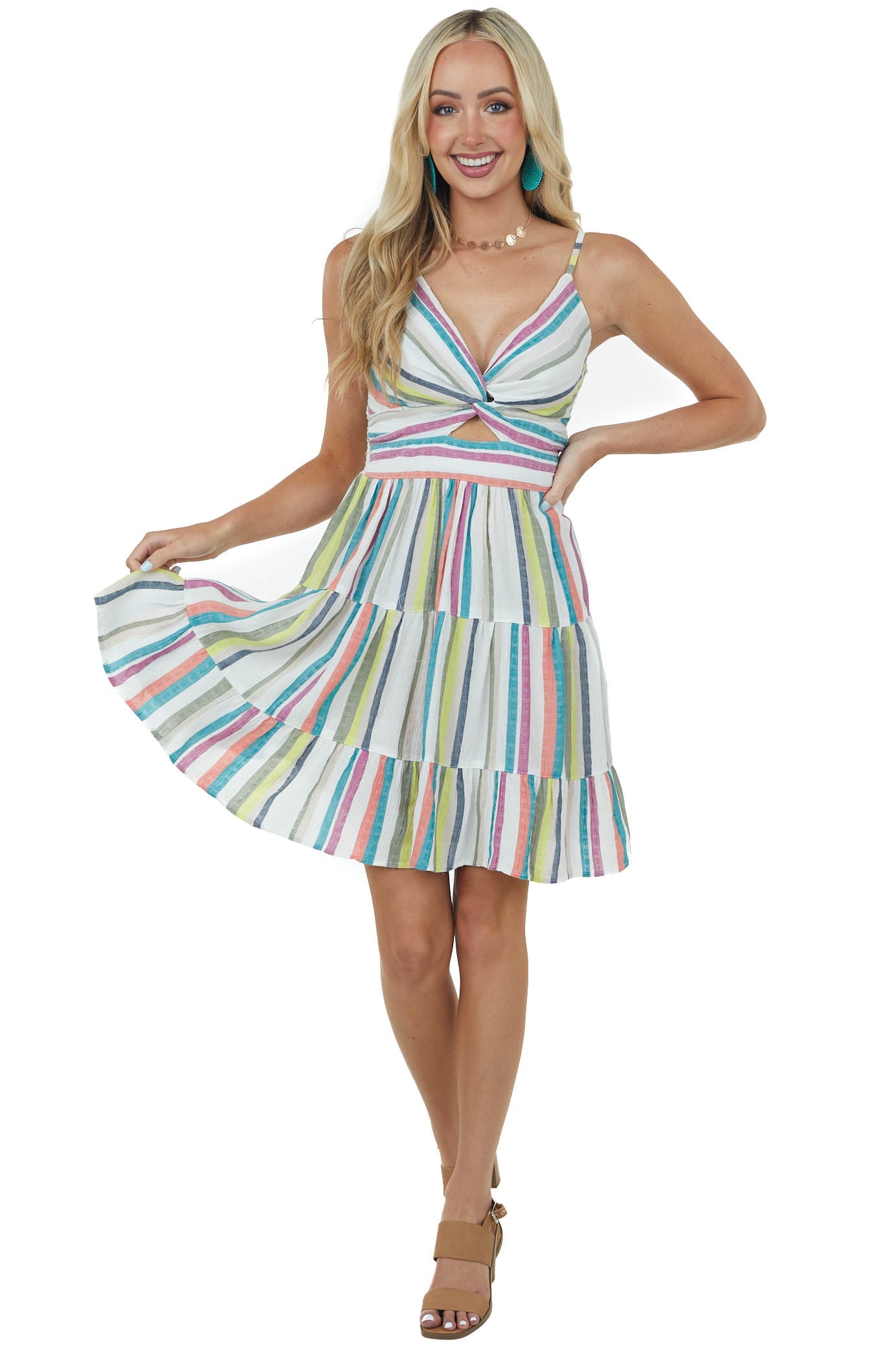 Ivory Striped Sleeveless Strap Knot Mini Dress