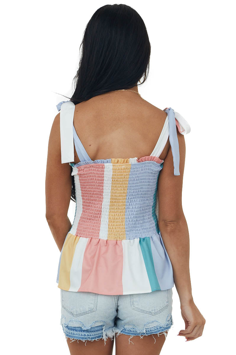 Ivory Striped Smocked Tie Strap Peplum Top