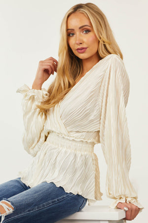 Ivory Surplice Bubble Sleeve Pleated Blouse