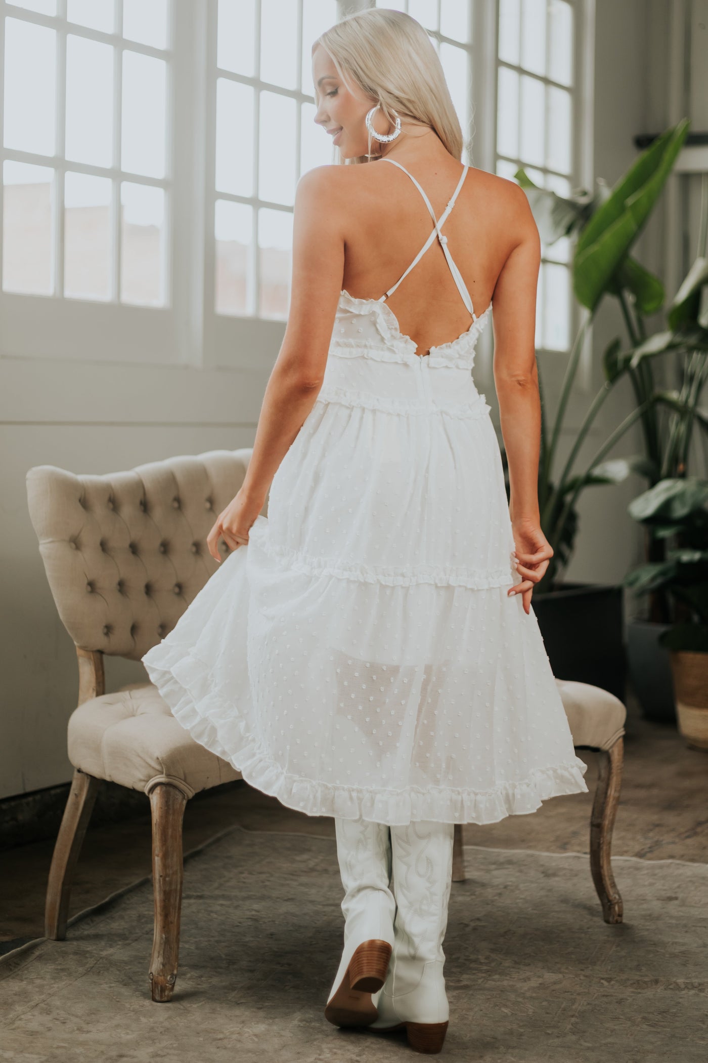 Ivory Swiss Dot Sleeveless Frilled Midi Dress with V Neck