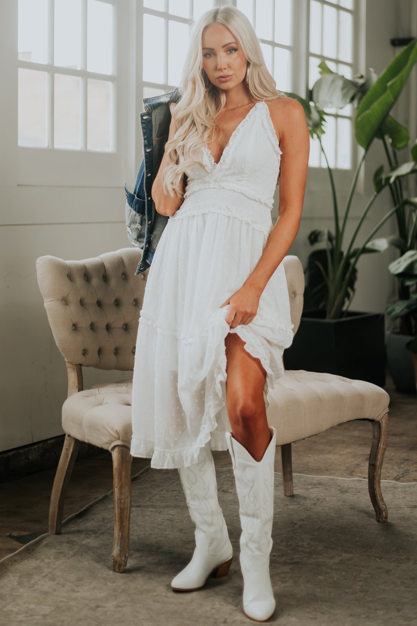 Ivory Swiss Dot Sleeveless Frilled Midi Dress with V Neck