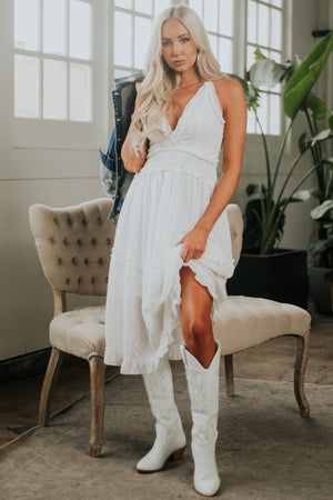 Ivory Swiss Dot Sleeveless Frilled Midi Dress with V Neck