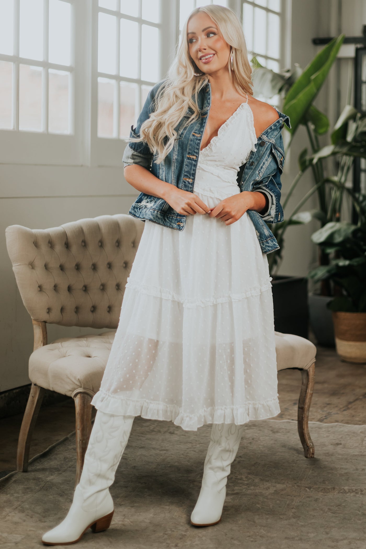 Ivory Swiss Dot Sleeveless Frilled Midi Dress with V Neck