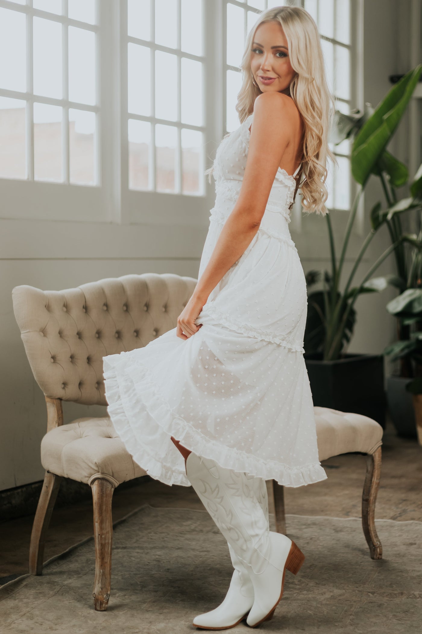 Ivory Swiss Dot Sleeveless Frilled Midi Dress with V Neck