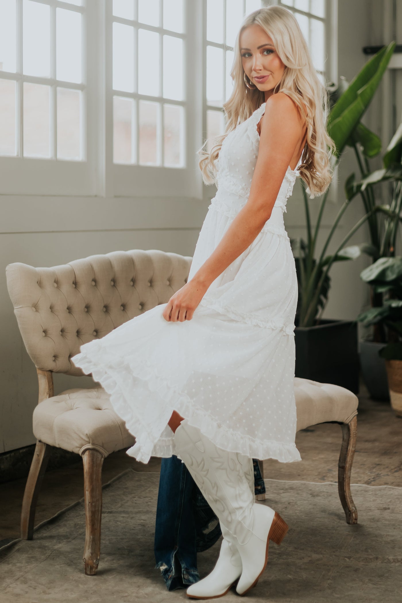 Ivory Swiss Dot Sleeveless Frilled Midi Dress with V Neck