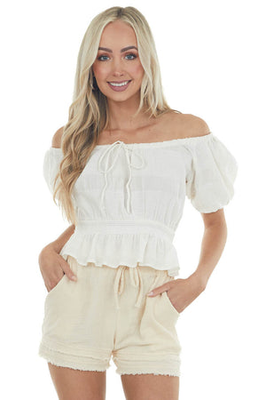 Ivory Textured Short Sleeve Top with Smocked Waist