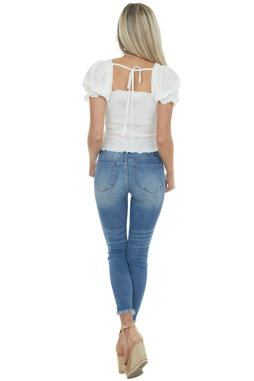 Ivory Textured Smocked Short Sleeve Top with Tie Detail
