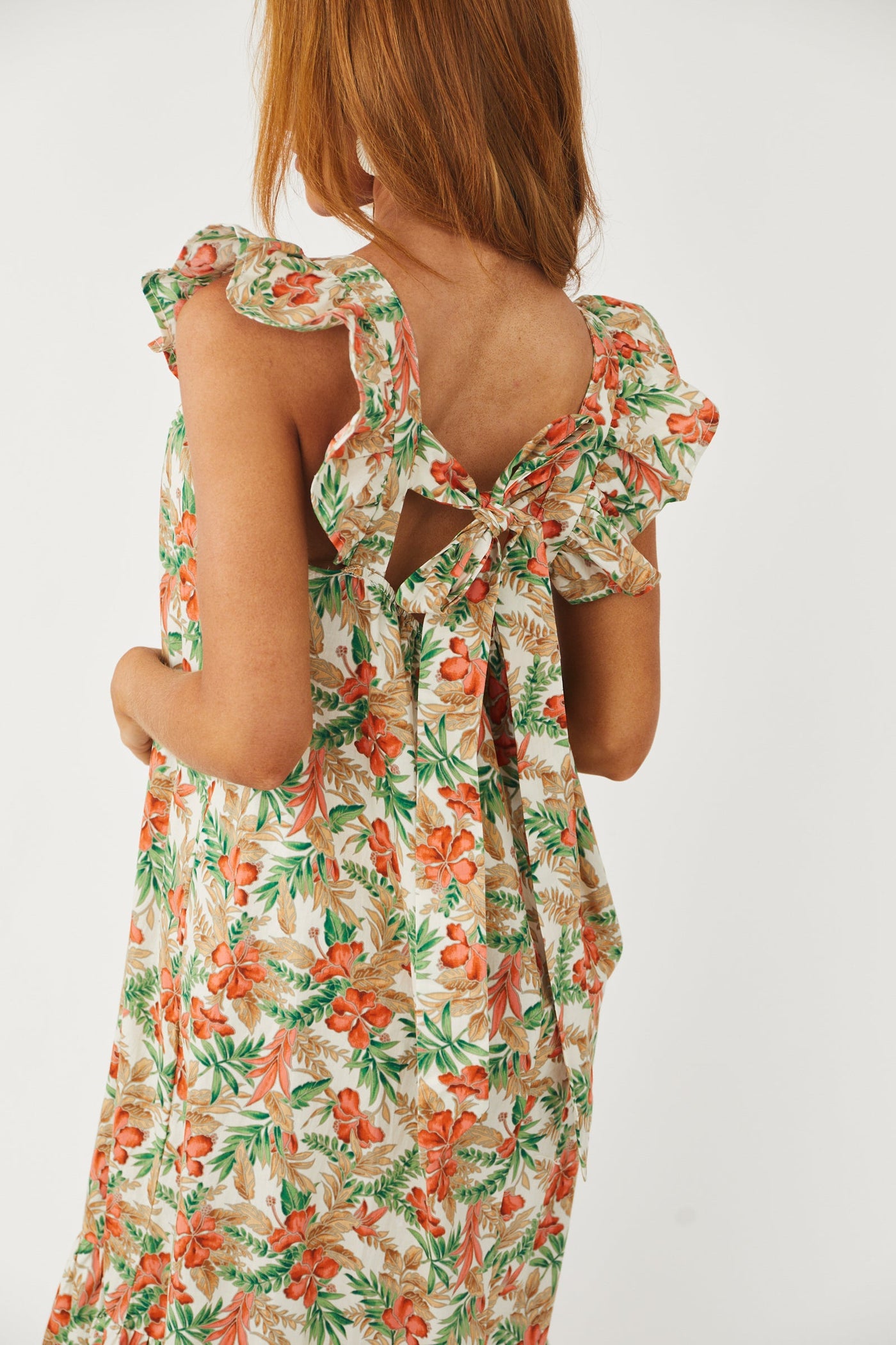 Ivory Tropical Print Ruffle Cap Sleeve Maxi Dress