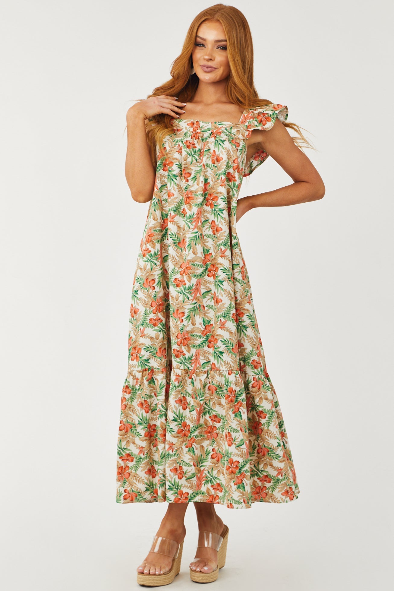 Ivory Tropical Print Ruffle Cap Sleeve Maxi Dress