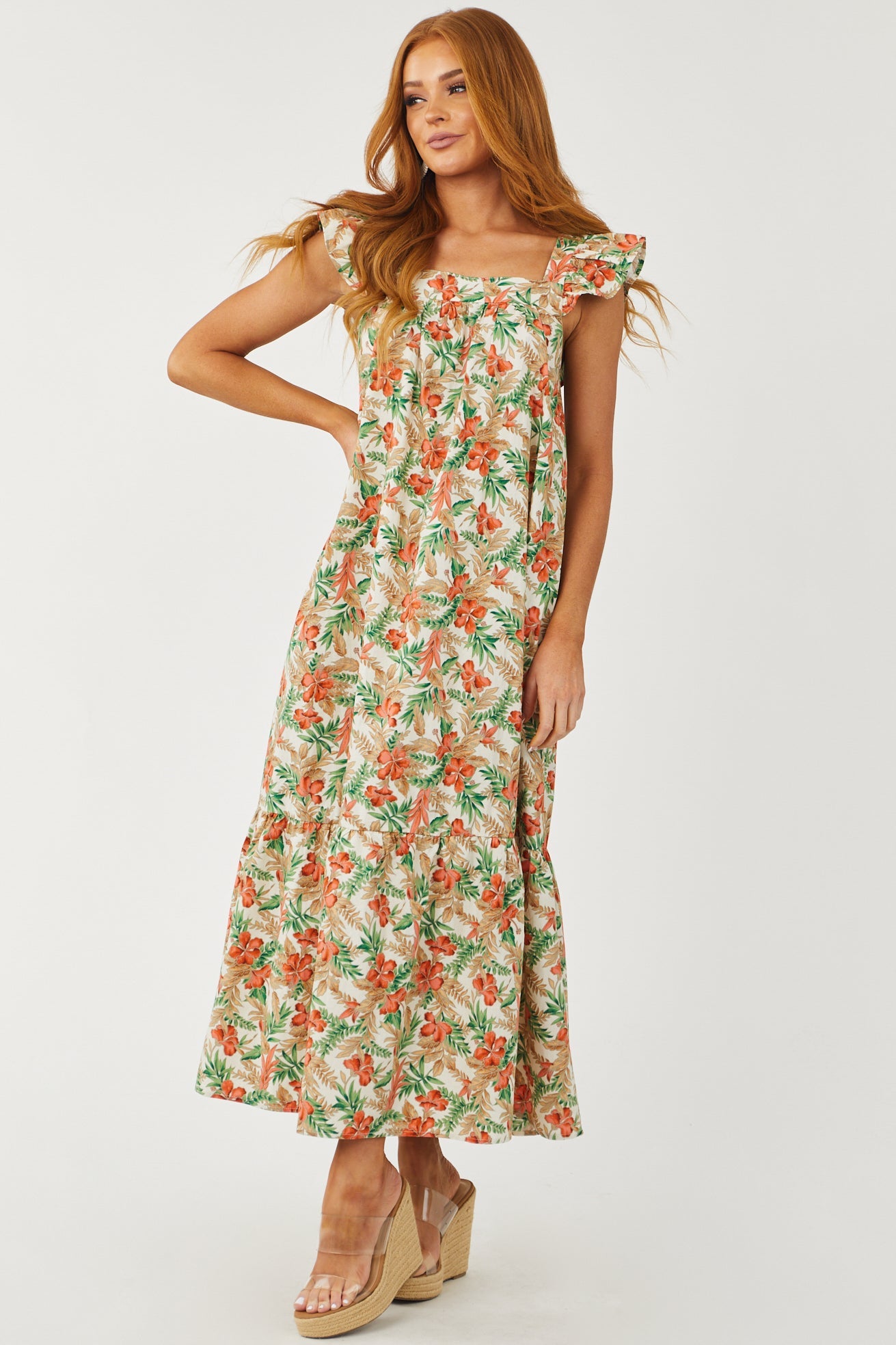 Ivory Tropical Print Ruffle Cap Sleeve Maxi Dress