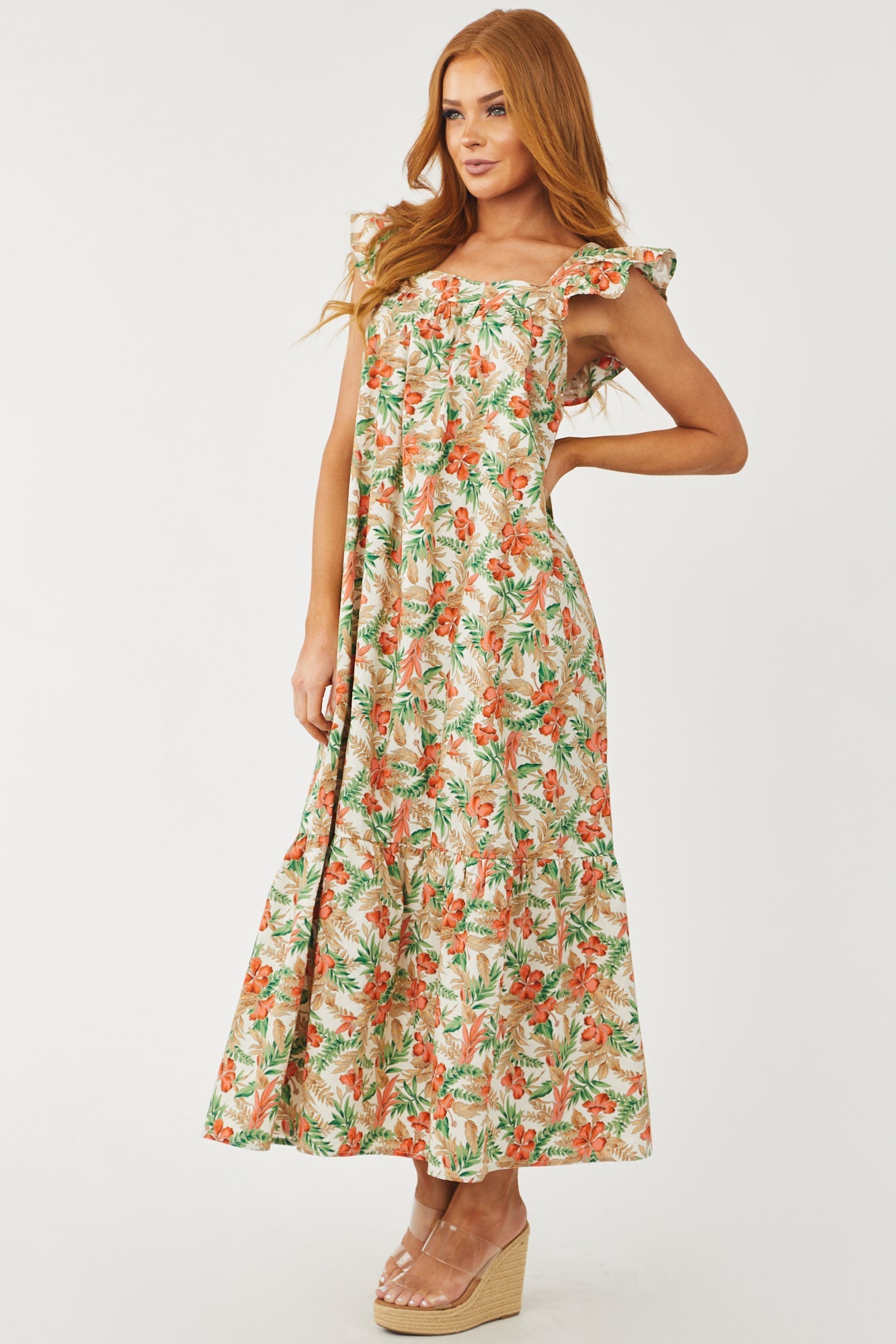 Ivory Tropical Print Ruffle Cap Sleeve Maxi Dress