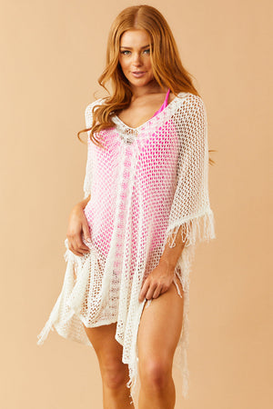 Ivory V Neck Fringe Open Knit Swim Cover Up