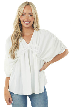 Ivory V Neck Half Sleeve Babydoll Flowy Blouse