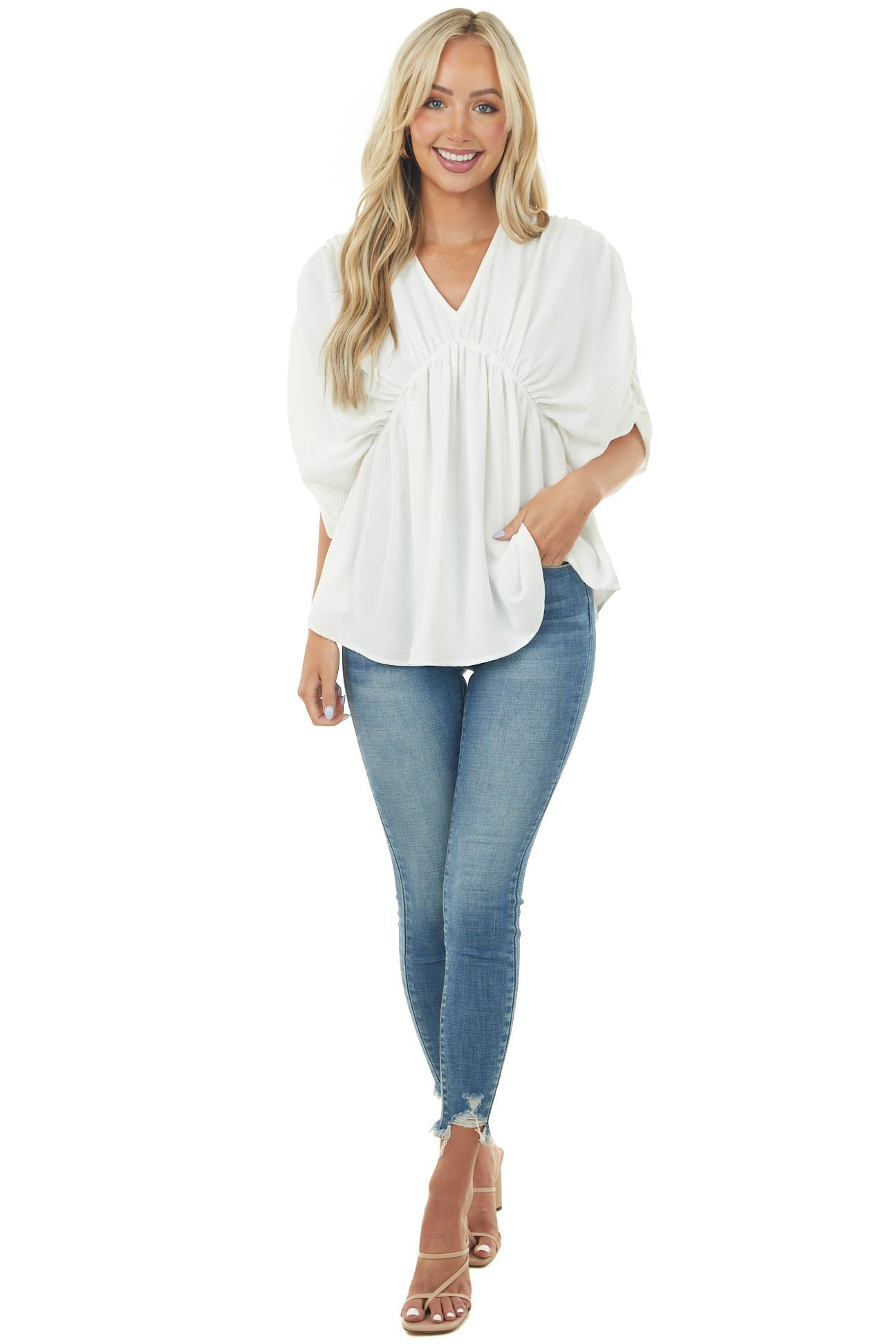 Ivory V Neck Half Sleeve Babydoll Flowy Blouse