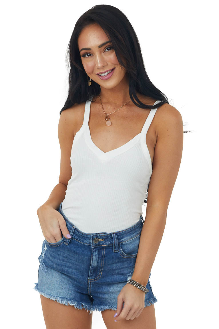 Ivory V Neck Stretchy Ribbed Fitted Tank Top