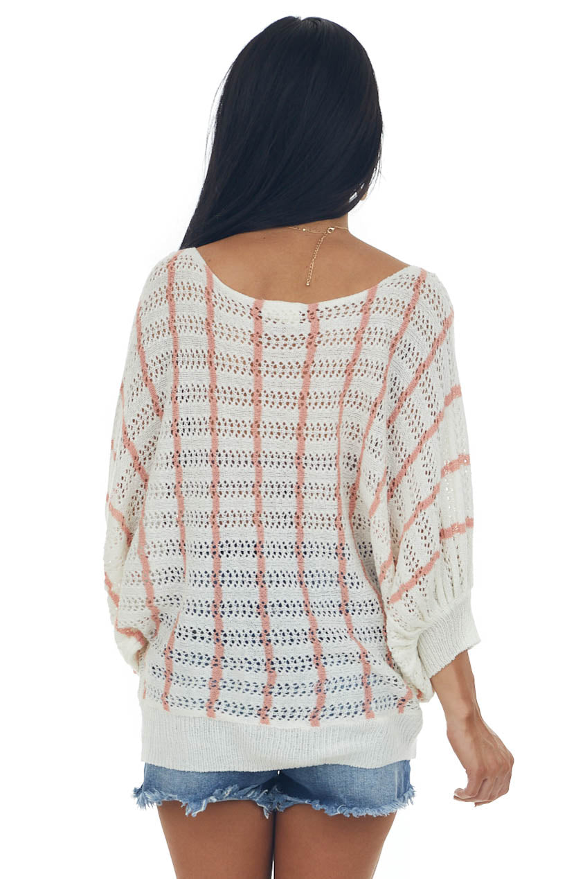 Ivory Vertical Striped Boat Neck Loose Knit Top