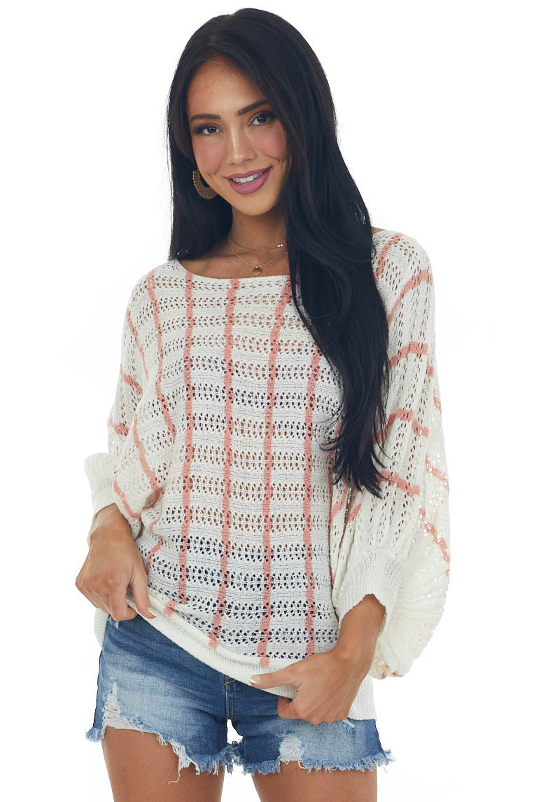 Ivory Vertical Striped Boat Neck Loose Knit Top