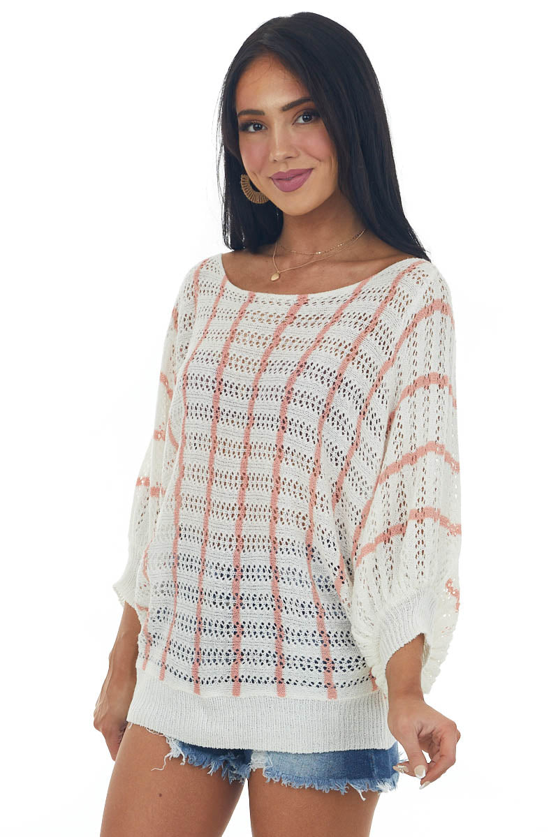 Ivory Vertical Striped Boat Neck Loose Knit Top