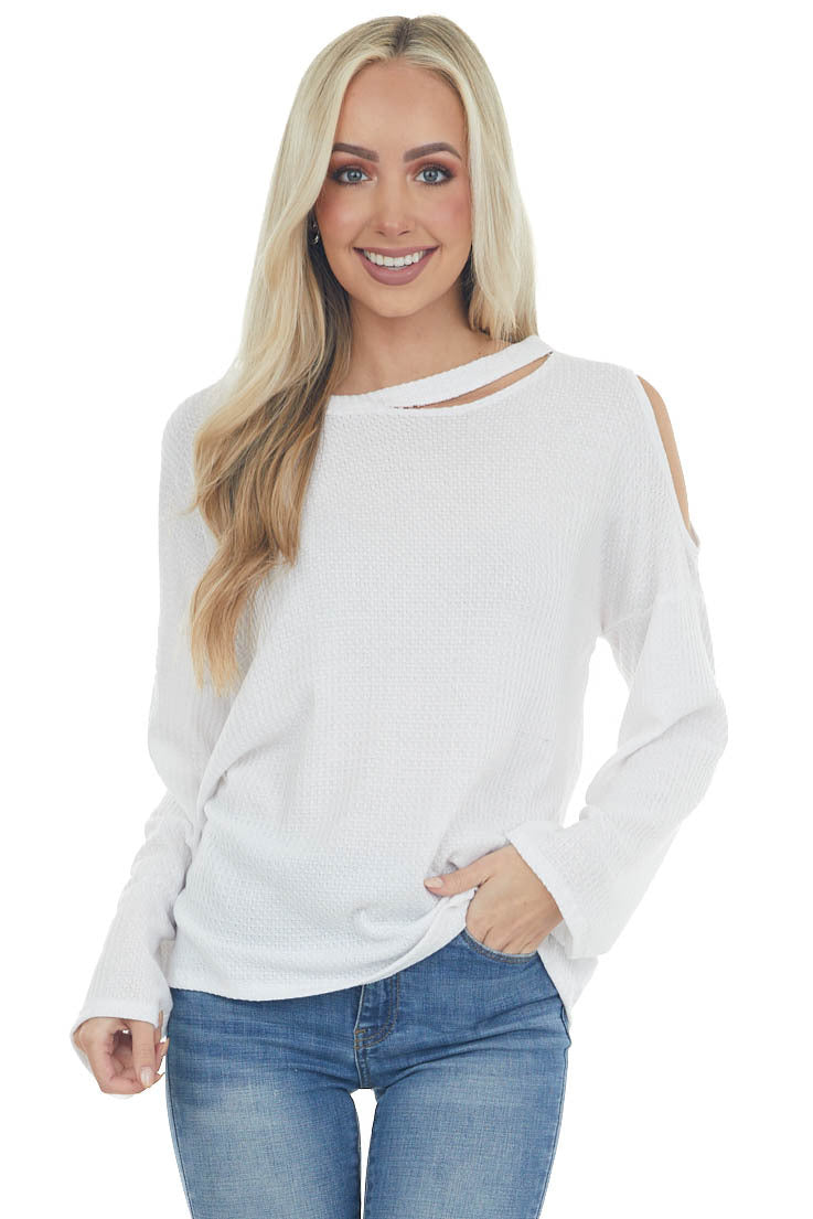 Ivory Waffle Knit Long Sleeve Top with Cold Shoulder
