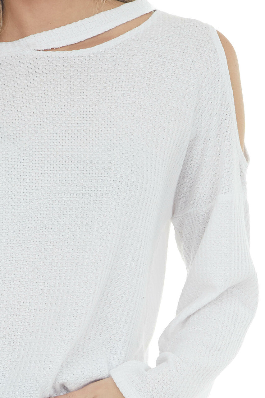 Ivory Waffle Knit Long Sleeve Top with Cold Shoulder