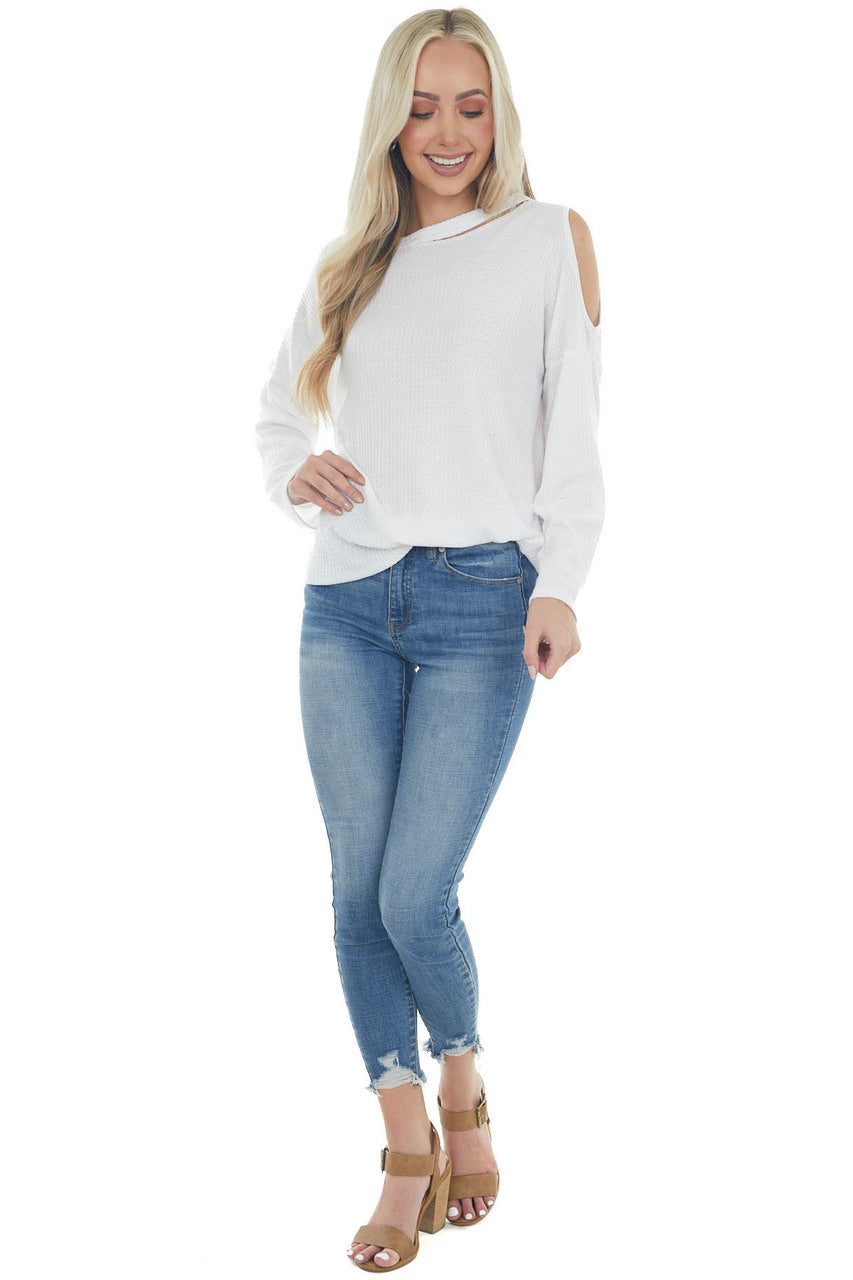 Ivory Waffle Knit Long Sleeve Top with Cold Shoulder