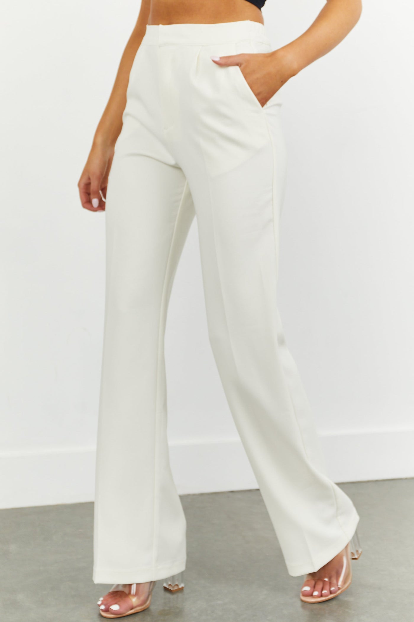 Ivory Wide Leg Elastic Waist Woven Pants