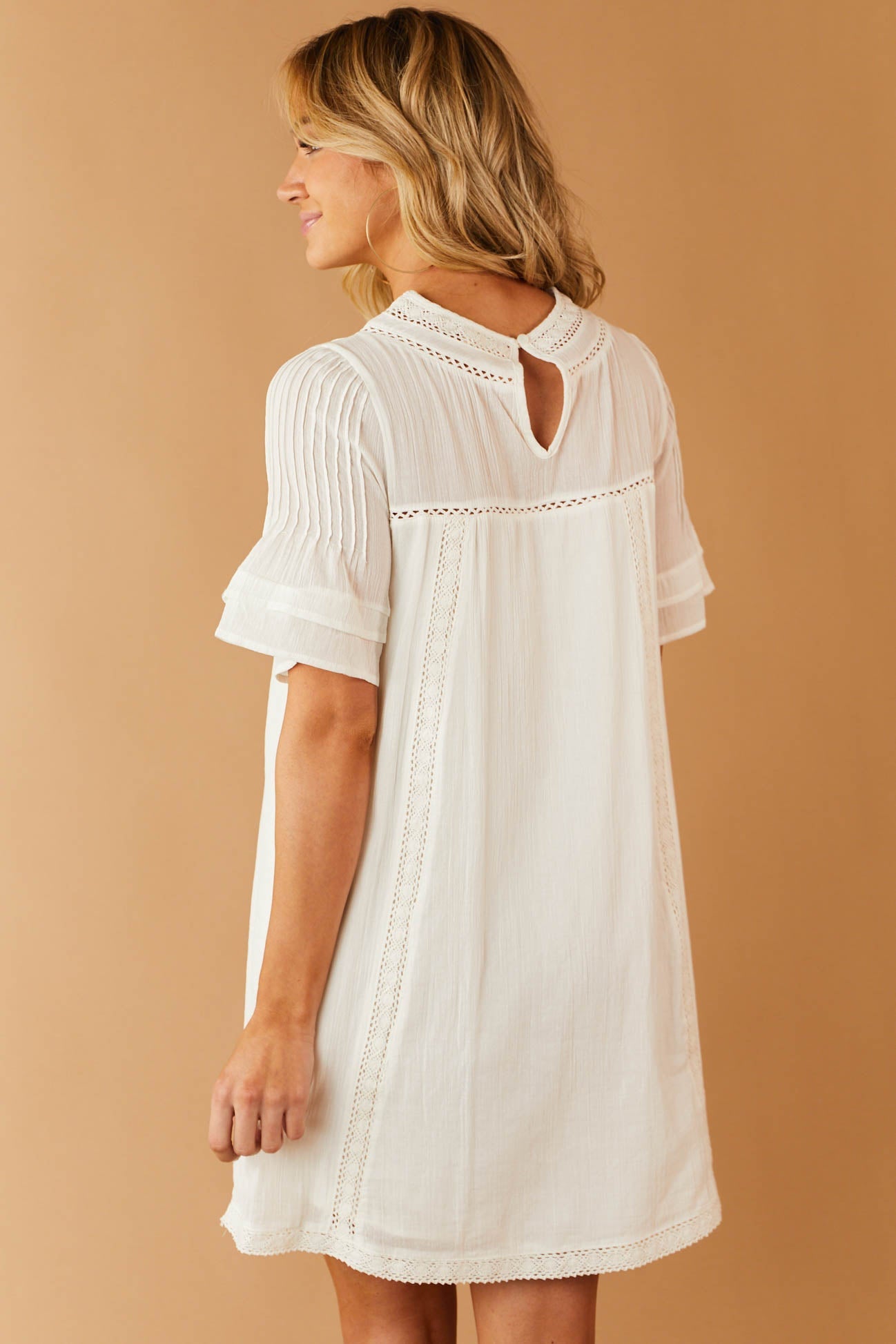 Ivory Woven Dress with Floral Embroidered Detail