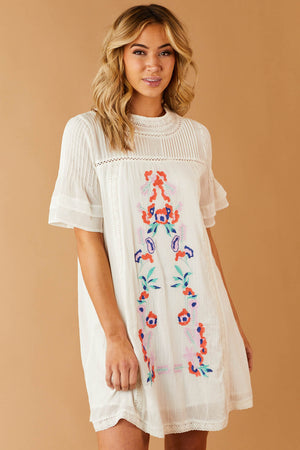 Ivory Woven Dress with Floral Embroidered Detail